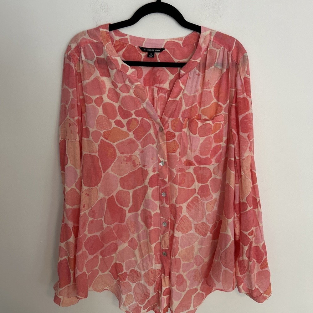 Zac & Rachel Women's 1X Button Up Long Sleeve V-Neck Pink‎ Relaxed Boho Blouse